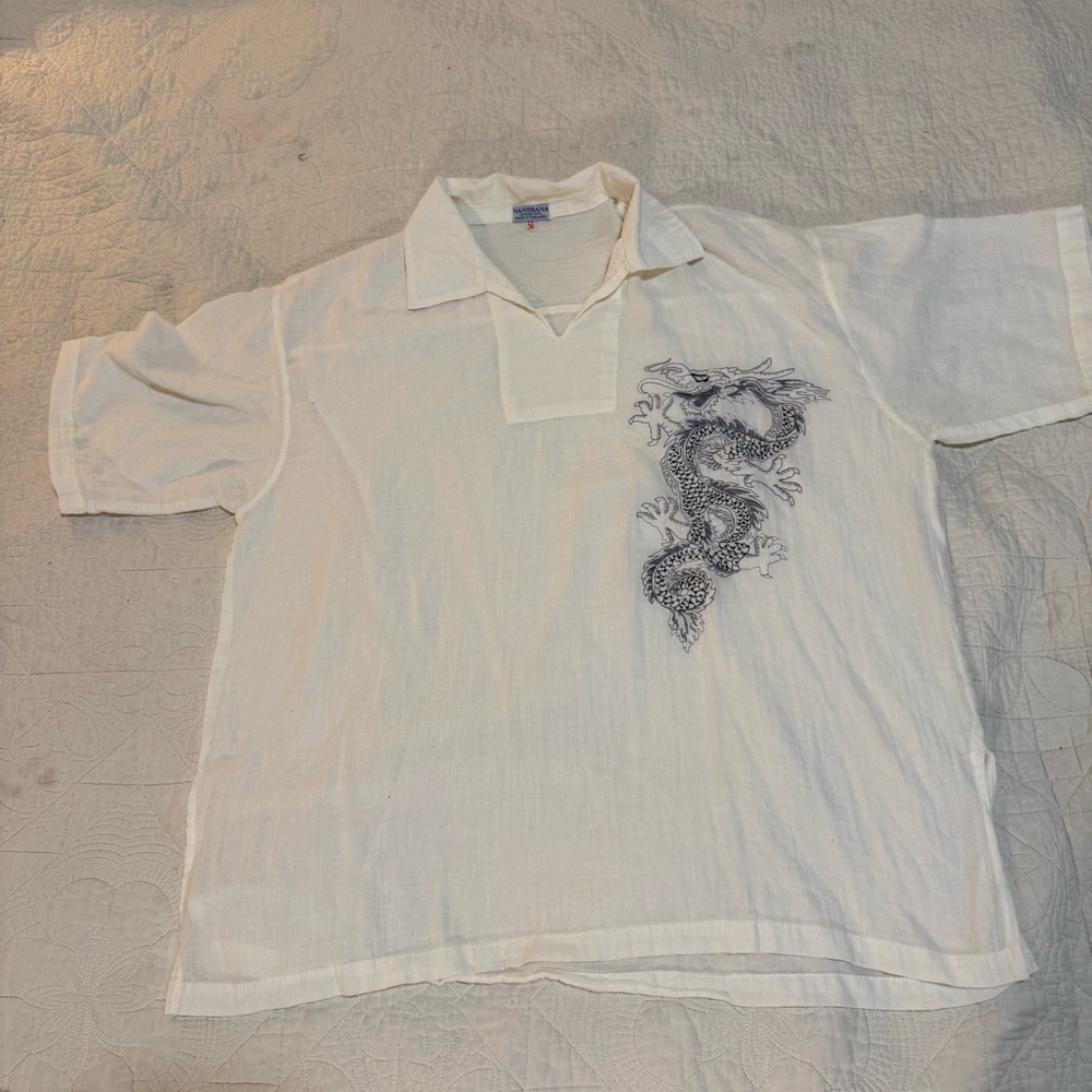 Vintage White Dragon Embroidered Men's Shirt
